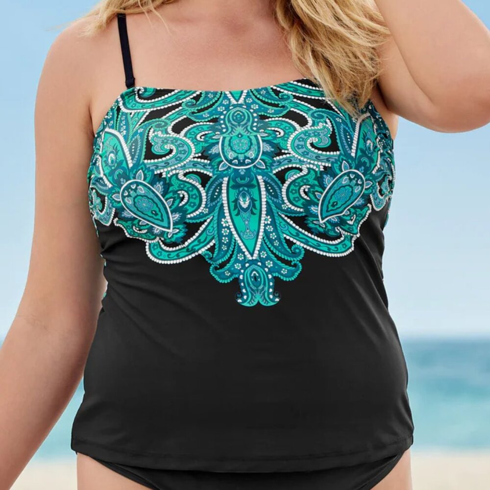 VENUS Tankini Turquoise Blue & Black Paisley Two Piece Swimsuit 22 NEW